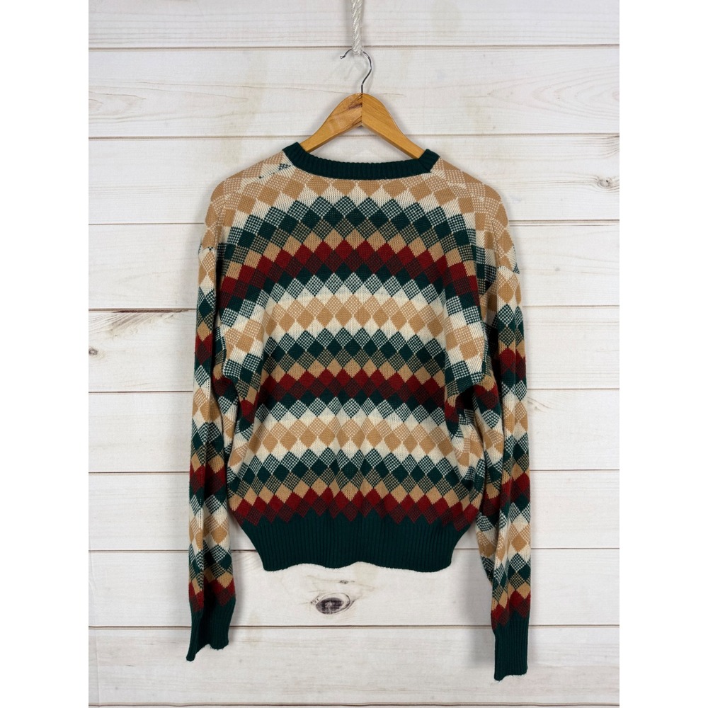 Vintage Orlon Sweater Mens XL Green Burgundy Argyle V-Neck USA Made - Picture 2 of 6